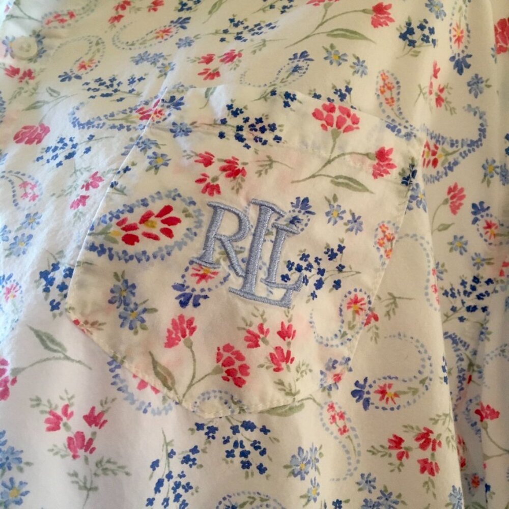 LRL White Button Down Red Blue Floral Paisley Size L Preppy Coastal Grandma - Picture 3 of 6